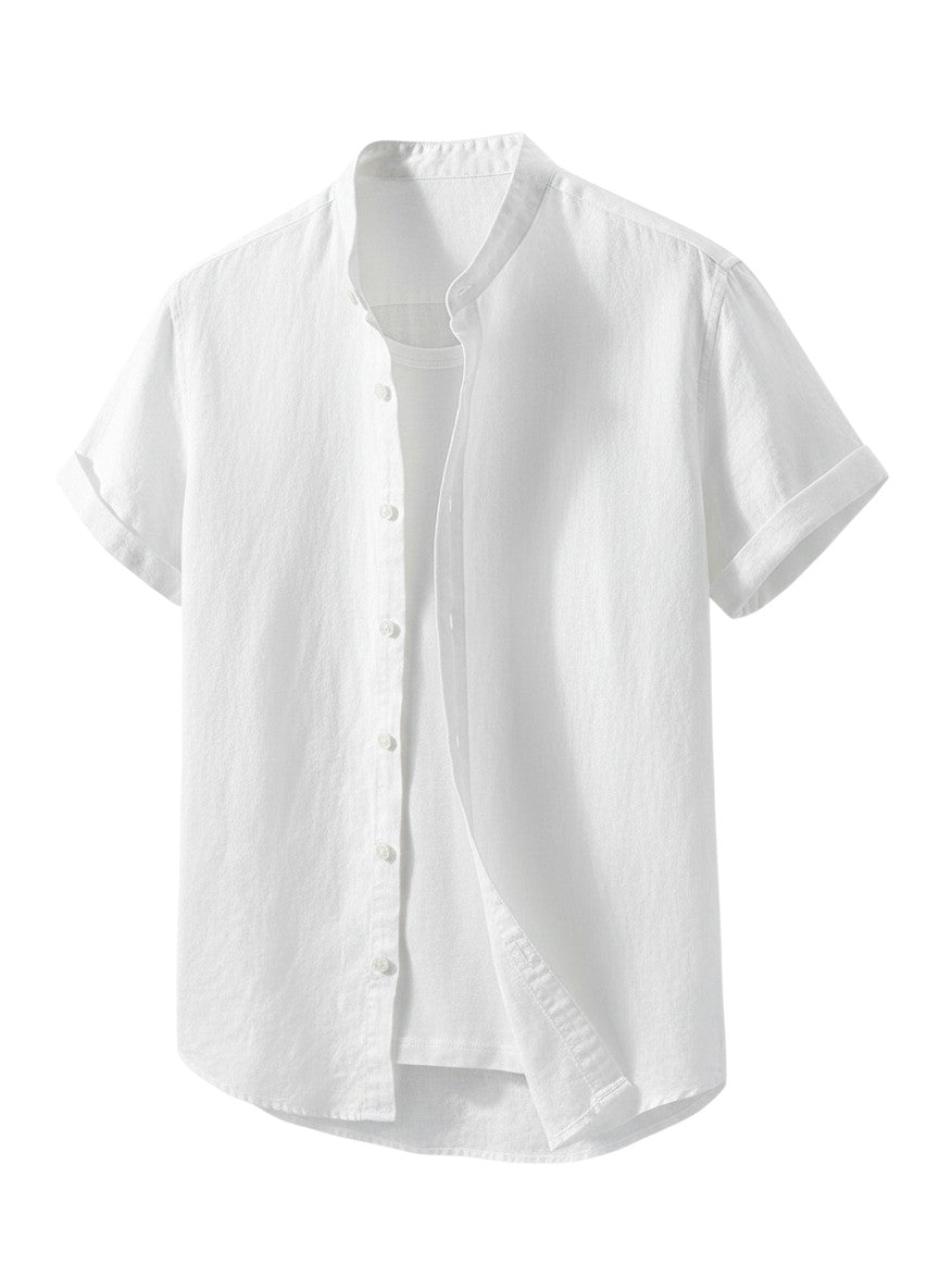Chemise Maison Bryzen blanche à manches courtes en coton, coupe décontractée avec col officier et boutonnage frontal