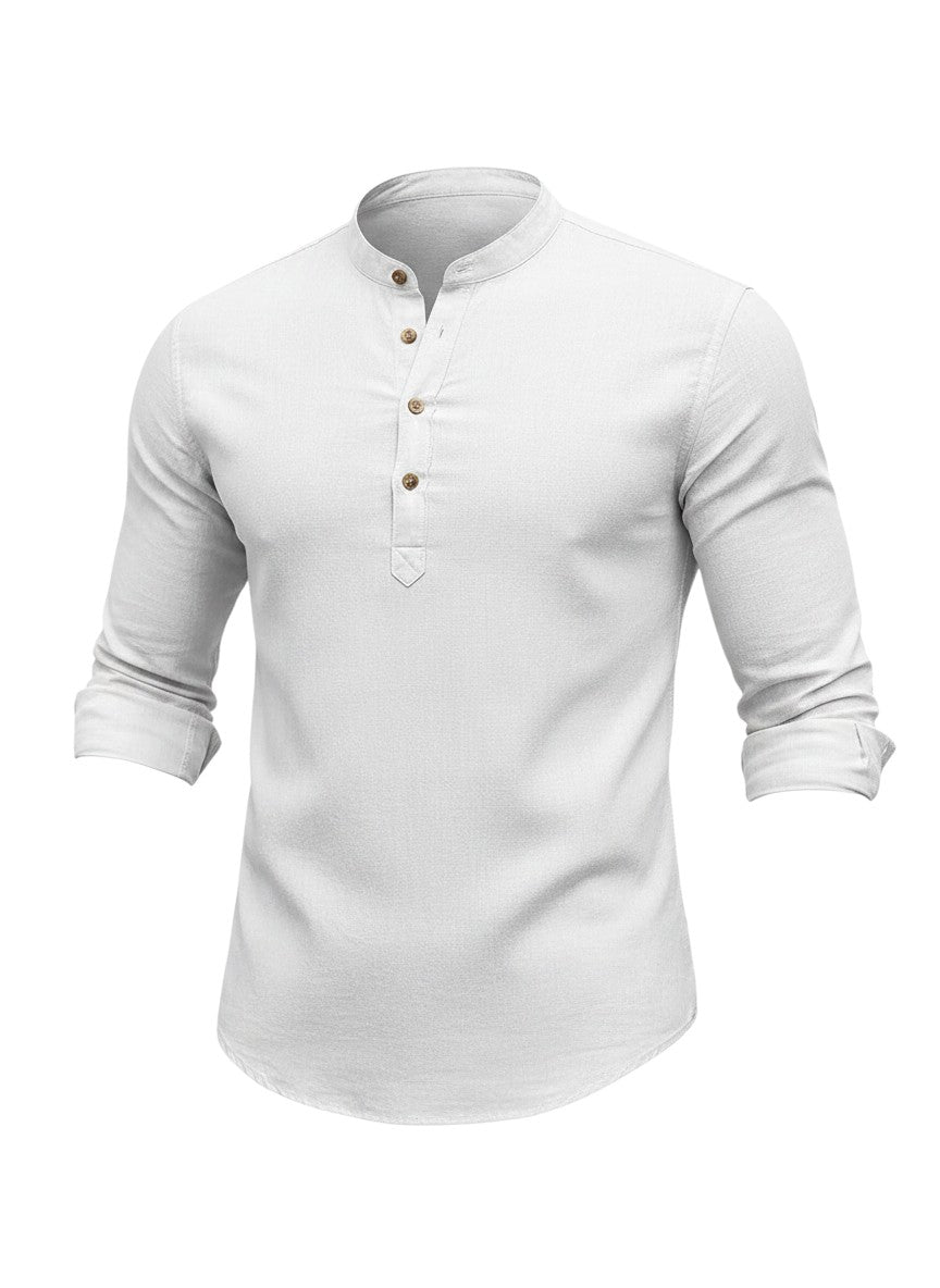 Chemise Maison Bryzen blanche en coton à col mandarin et boutons effet corne, coupe ajustée et élégante.