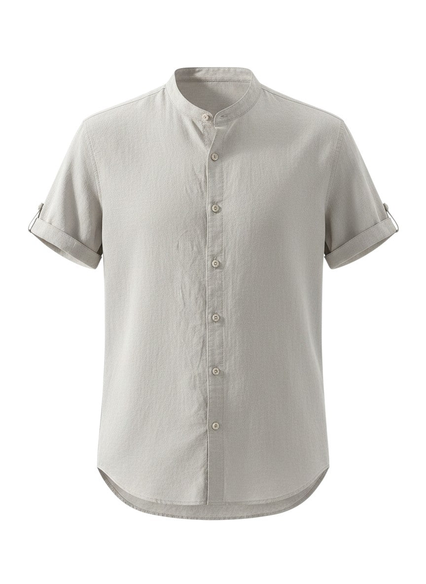 Chemise Maison Bryzen à manches courtes, col mao, couleur beige en coton doux avec boutonnage frontal décontracté
