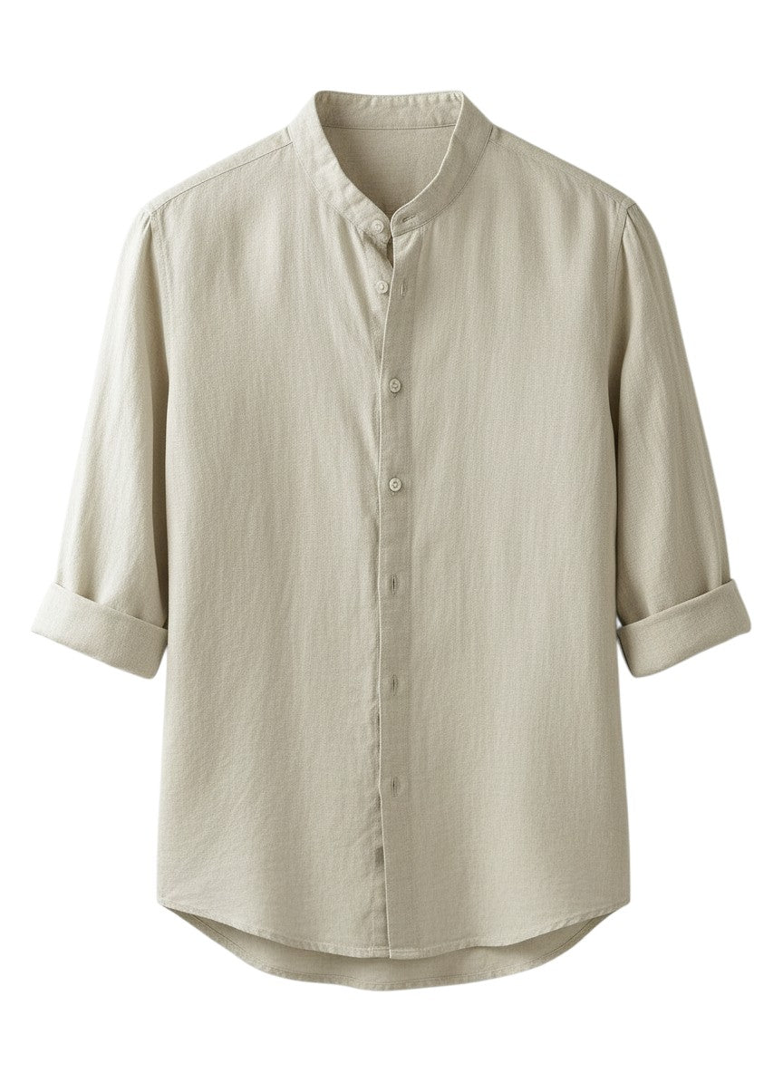 Chemise grande taille Maison Bryzen beige à manches trois-quarts et col officier en mélange de coton respirant