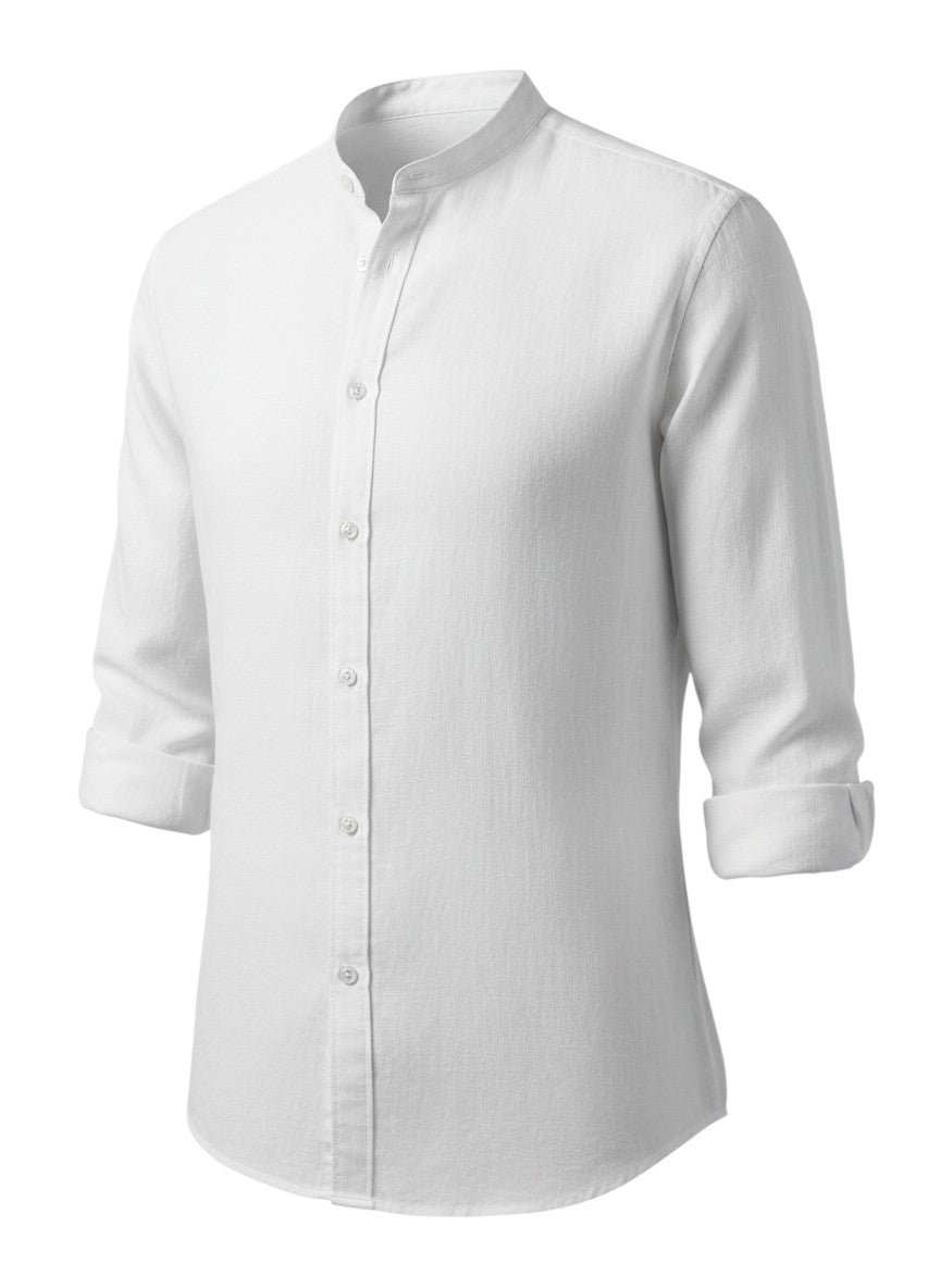 Chemise grande taille Maison Bryzen blanche à manches trois-quarts et col officier en coton mélangé