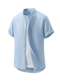 Chemise Maison Bryzen bleu clair à manches courtes en coton avec col mao et boutonnage frontal décontracté