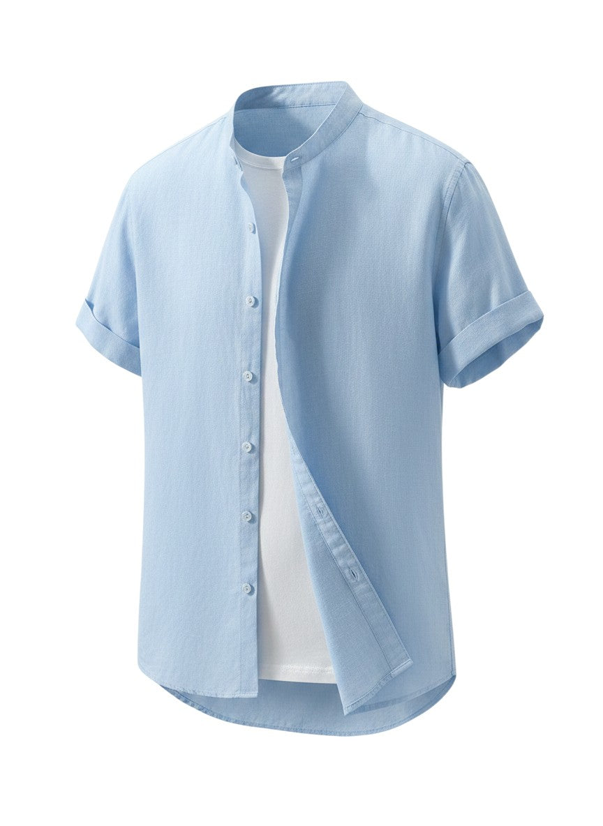 Chemise Maison Bryzen bleu clair à manches courtes en coton avec col mao et boutonnage frontal décontracté