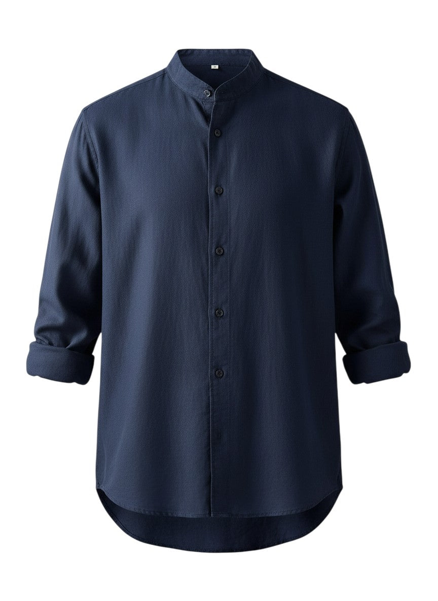 Chemise grande taille Maison Bryzen bleu marine à manches trois-quarts et col officier en coton mélangé
