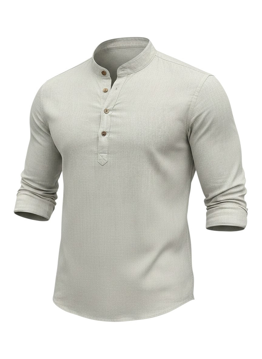 Chemise Maison Bryzen beige à col mandarin et boutons effet corne en coton doux, coupe ajustée et manches longues