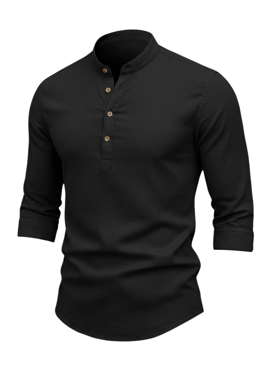 Chemise Maison Bryzen noire à col mandarin, coupe ajustée en coton doux avec boutons effet corne.