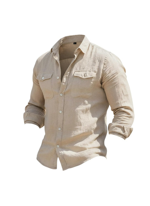 Chemise Maison Bryzen beige en coton avec deux poches poitrine à rabat et coupe droite structurée.