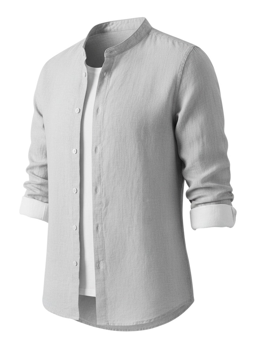 Chemise grande taille Maison Bryzen gris clair à manches trois-quarts et col officier en coton mélangé