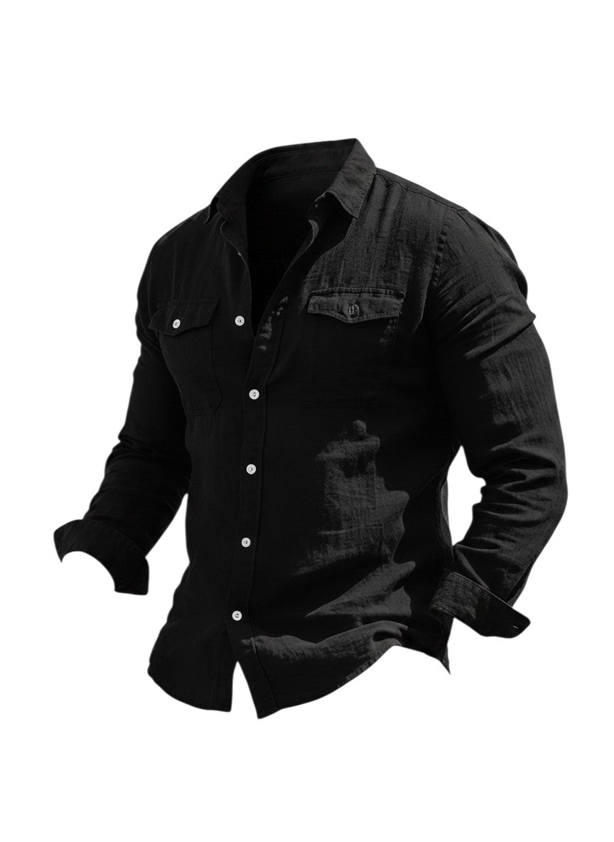 Chemise Maison Bryzen noire en coton à manches longues avec deux poches poitrine boutonnées et coupe droite.