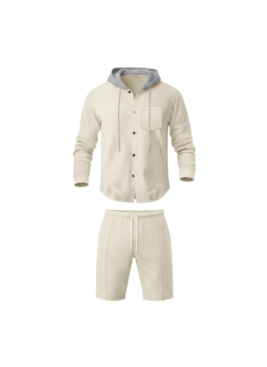 Ensemble Maison Bryzen beige composé d'une chemise boutonnée à capuche grise et d'un short assorti en tissu texturé.