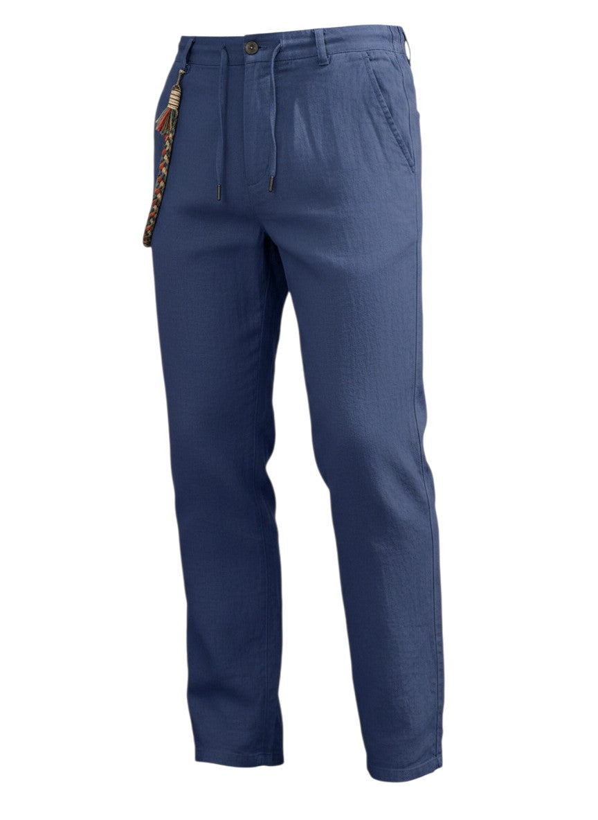 Pantalon casual bleu Maison Bryzen en tissu fluide avec cordon de serrage ajustable et poches latérales pratiques.