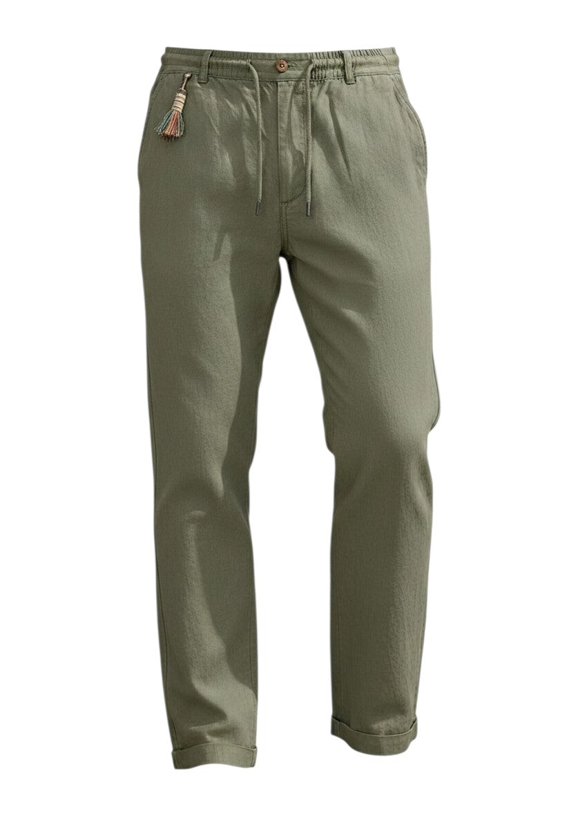 Pantalon casual Maison Bryzen vert kaki en tissu fluide avec cordon de serrage et poches latérales fonctionnelles