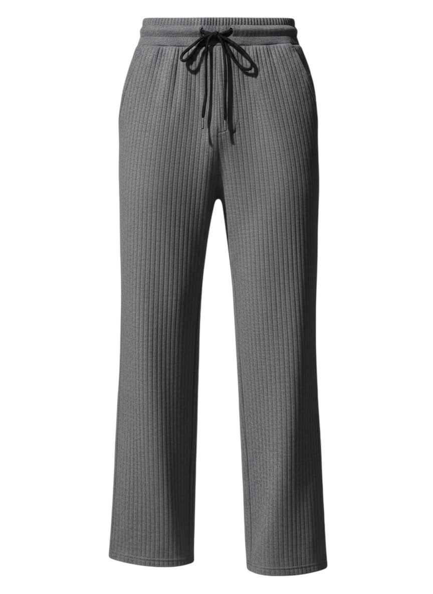 Pantalon large Maison Bryzen gris en maille côtelée légère avec cordon de serrage ajustable à la taille.