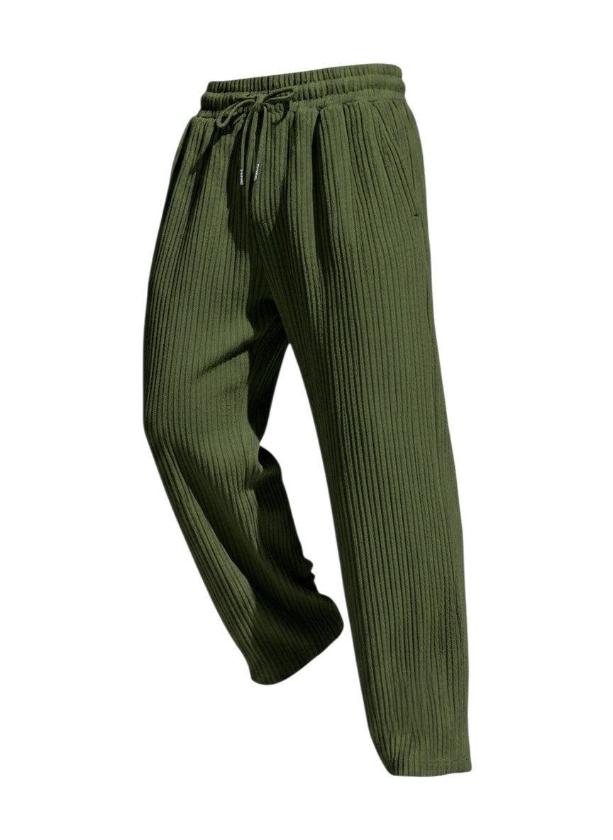Pantalon large Maison Bryzen vert kaki en maille côtelée légère avec cordon de serrage ajustable à la taille.