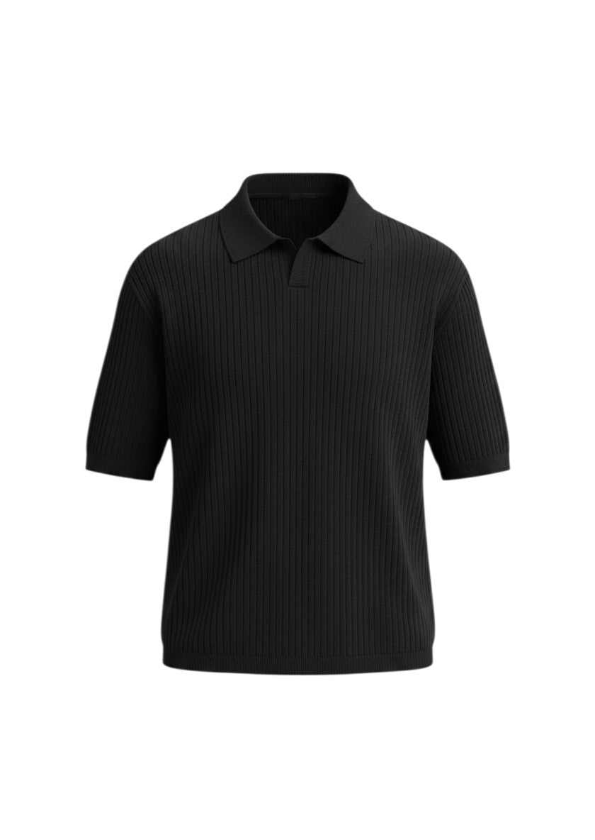 Polo Maison Bryzen noir en maille texturée à côtes verticales, coupe ajustée et col classique pour un style chic.