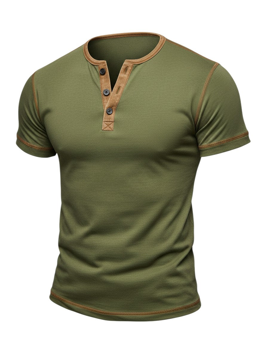 T-shirt Maison Bryzen vert olive en coton doux avec col boutonné et détails contrastés marron aux épaules