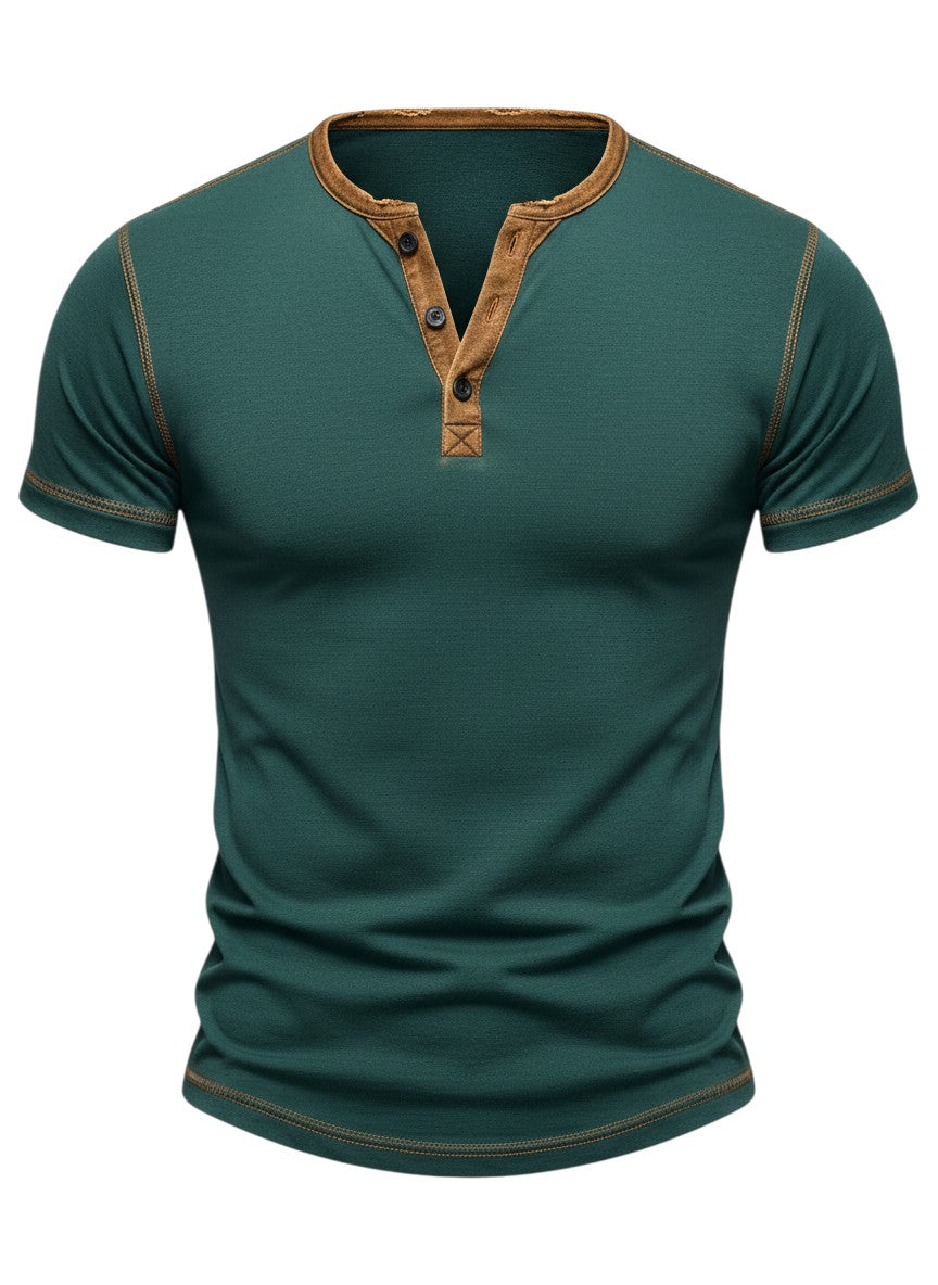 T-shirt Maison Bryzen vert foncé en coton doux avec col boutonné et détails contrastés marron aux épaules